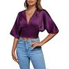 imageLYANER Womens Satin Deep V Neck Ruched Blouse Shirred Back Batwing Short Sleeve Crop TopDark Purple