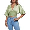 imageLYANER Womens Satin Deep V Neck Ruched Blouse Shirred Back Batwing Short Sleeve Crop TopLight Green