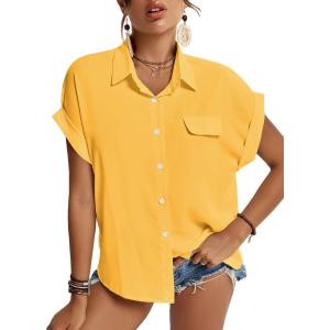 imageLYANER Womens Casual Collared Rolled Up Cap Sleeves Button Down Work Blouse Shirt TopsBaby Yellow