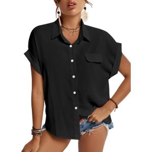 imageLYANER Womens Casual Collared Rolled Up Cap Sleeves Button Down Work Blouse Shirt TopsBlack
