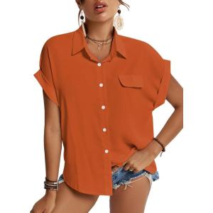 imageLYANER Womens Casual Collared Rolled Up Cap Sleeves Button Down Work Blouse Shirt TopsCaramel