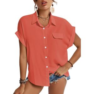 imageLYANER Womens Casual Collared Rolled Up Cap Sleeves Button Down Work Blouse Shirt TopsDark Pink