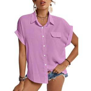 imageLYANER Womens Casual Collared Rolled Up Cap Sleeves Button Down Work Blouse Shirt TopsLilac