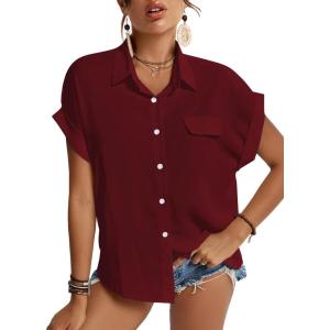 imageLYANER Womens Casual Collared Rolled Up Cap Sleeves Button Down Work Blouse Shirt TopsWine Red
