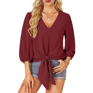 imageLYANER Womens Casual V Neck Tops 34 Sleeve Tie Knot Blouses Solid Button Down Summer ShirtsWine Red