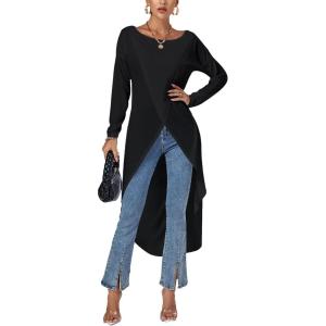 imageLYANER Womens High Low Hem Split Wrap Front Long Sleeve Tunic Long Shirt Blouse TopPlain Black