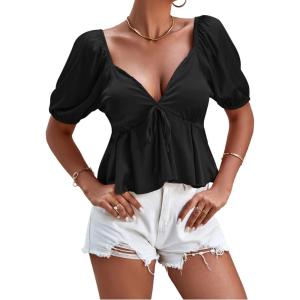 imageLYANER Womens Satin Deep V Neck Puff Short Sleeve Tie Front Ruffle Hem Blouse Crop Peplum TopBlack