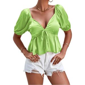 imageLYANER Womens Satin Deep V Neck Puff Short Sleeve Tie Front Ruffle Hem Blouse Crop Peplum TopBright Green