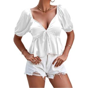 imageLYANER Womens Satin Deep V Neck Puff Short Sleeve Tie Front Ruffle Hem Blouse Crop Peplum TopWhite
