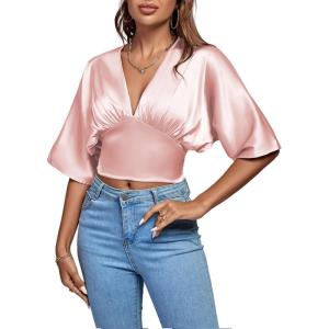 imageLYANER Womens Satin Deep V Neck Ruched Blouse Shirred Back Batwing Short Sleeve Crop TopBaby Pink