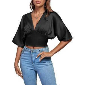 imageLYANER Womens Satin Deep V Neck Ruched Blouse Shirred Back Batwing Short Sleeve Crop TopBlack