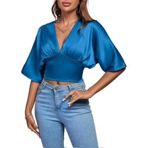 imageLYANER Womens Satin Deep V Neck Ruched Blouse Shirred Back Batwing Short Sleeve Crop TopBlue