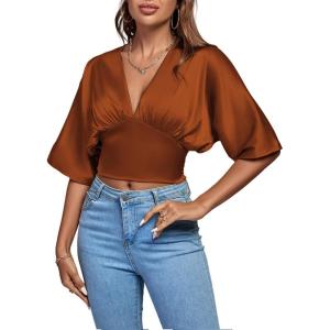 imageLYANER Womens Satin Deep V Neck Ruched Blouse Shirred Back Batwing Short Sleeve Crop TopBrown