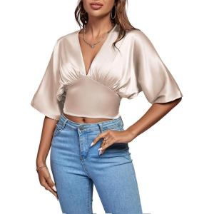 imageLYANER Womens Satin Deep V Neck Ruched Blouse Shirred Back Batwing Short Sleeve Crop TopChampagne