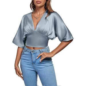 imageLYANER Womens Satin Deep V Neck Ruched Blouse Shirred Back Batwing Short Sleeve Crop TopDusty Blue