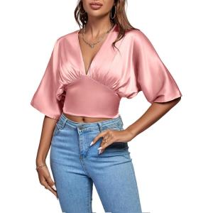 imageLYANER Womens Satin Deep V Neck Ruched Blouse Shirred Back Batwing Short Sleeve Crop TopDusty Pink