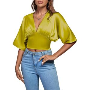 imageLYANER Womens Satin Deep V Neck Ruched Blouse Shirred Back Batwing Short Sleeve Crop TopKiwi