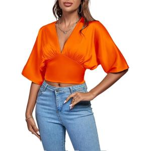 imageLYANER Womens Satin Deep V Neck Ruched Blouse Shirred Back Batwing Short Sleeve Crop TopOrange