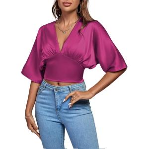 imageLYANER Womens Satin Deep V Neck Ruched Blouse Shirred Back Batwing Short Sleeve Crop TopPurplish Red
