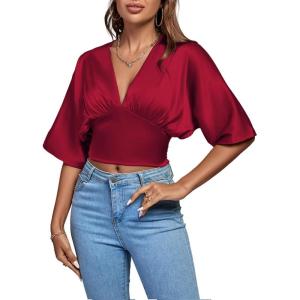 imageLYANER Womens Satin Deep V Neck Ruched Blouse Shirred Back Batwing Short Sleeve Crop TopRed