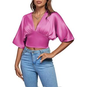 imageLYANER Womens Satin Deep V Neck Ruched Blouse Shirred Back Batwing Short Sleeve Crop TopRose