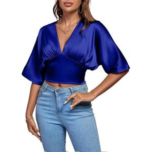 imageLYANER Womens Satin Deep V Neck Ruched Blouse Shirred Back Batwing Short Sleeve Crop TopSolid Royal Blue