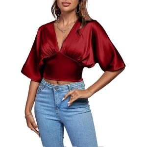 imageLYANER Womens Satin Deep V Neck Ruched Blouse Shirred Back Batwing Short Sleeve Crop TopWine Red