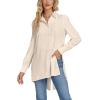 imageLYANER Womens Collar V Neck Split Hem Button Down Long Sleeve Long Shirt Blouse Tunic TopBeige