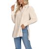 imageLYANER Womens Collar V Neck Split Hem Button Down Long Sleeve Long Shirt Blouse Tunic TopBeige
