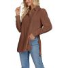 imageLYANER Womens Collar V Neck Split Hem Button Down Long Sleeve Long Shirt Blouse Tunic TopBrown
