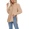 imageLYANER Womens Collar V Neck Split Hem Button Down Long Sleeve Long Shirt Blouse Tunic TopKhaki