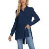 imageLYANER Womens Collar V Neck Split Hem Button Down Long Sleeve Long Shirt Blouse Tunic TopNavy Blue