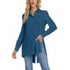 imageLYANER Womens Collar V Neck Split Hem Button Down Long Sleeve Long Shirt Blouse Tunic TopTeal