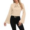 imageLYANER Womens Elegant Bow Tie Mock Neck Bell Long Sleeve Blouse Shirts TopBeige