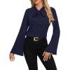 imageLYANER Womens Elegant Bow Tie Mock Neck Bell Long Sleeve Blouse Shirts TopNavy Blue