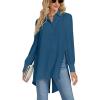 imageLYANER Womens Collar V Neck Split Hem Button Down Long Sleeve Long Shirt Blouse Tunic TopTeal