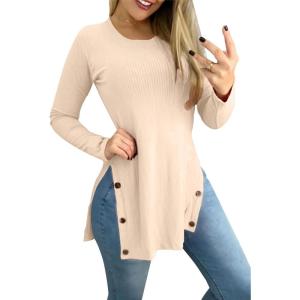 imageLYANER Womens Button Split Slit Sides Scoop Neck Long Sleeve Blouse Tunic TopBeige