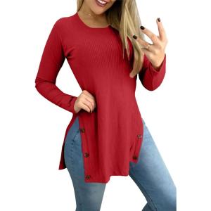 imageLYANER Womens Button Split Slit Sides Scoop Neck Long Sleeve Blouse Tunic TopBurgundy