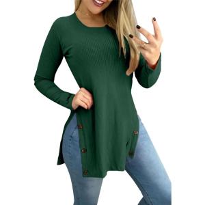 imageLYANER Womens Button Split Slit Sides Scoop Neck Long Sleeve Blouse Tunic TopDark Green