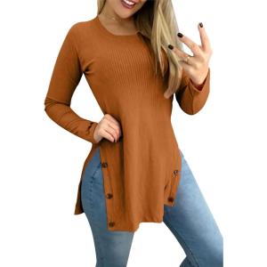 imageLYANER Womens Button Split Slit Sides Scoop Neck Long Sleeve Blouse Tunic TopPumpkin Brown