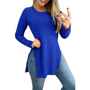 imageLYANER Womens Button Split Slit Sides Scoop Neck Long Sleeve Blouse Tunic TopRoyal Blue