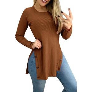 imageLYANER Womens Button Split Slit Sides Scoop Neck Long Sleeve Blouse Tunic TopSolid Camel