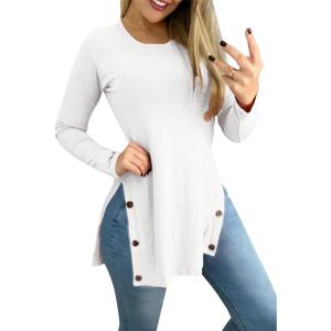 imageLYANER Womens Button Split Slit Sides Scoop Neck Long Sleeve Blouse Tunic TopSolid White