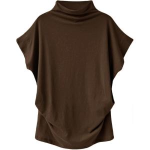 imageLYANER Womens Casual Mock Neck Ruffle Short Sleeve Summer Blouse Shirt TopDark Brown