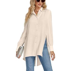 imageLYANER Womens Collar V Neck Split Hem Button Down Long Sleeve Long Shirt Blouse Tunic TopBeige