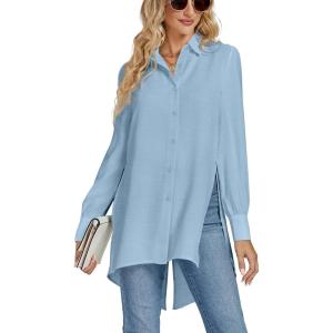 imageLYANER Womens Collar V Neck Split Hem Button Down Long Sleeve Long Shirt Blouse Tunic TopBlue