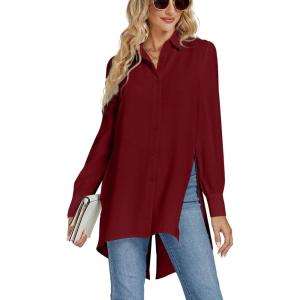 imageLYANER Womens Collar V Neck Split Hem Button Down Long Sleeve Long Shirt Blouse Tunic TopBurgundy