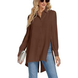 imageLYANER Womens Collar V Neck Split Hem Button Down Long Sleeve Long Shirt Blouse Tunic TopCoffee
