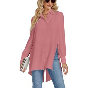 imageLYANER Womens Collar V Neck Split Hem Button Down Long Sleeve Long Shirt Blouse Tunic TopDeep Pink