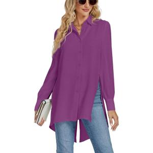 imageLYANER Womens Collar V Neck Split Hem Button Down Long Sleeve Long Shirt Blouse Tunic TopDeep Purple